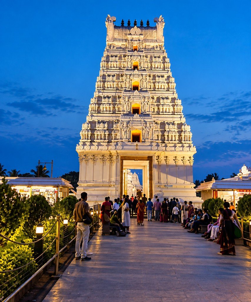 Tirupati temple gopuram at dusk on a chauffeur outing from Bangalore