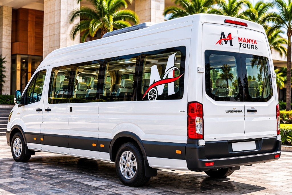 10 seater Manya Tours Urbania with fleet branding in Bangalore