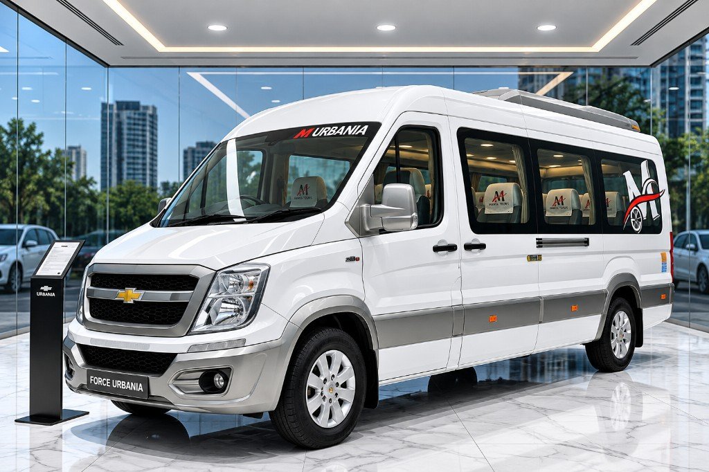 10 seater Force Urbania from Manya Tours in a showroom