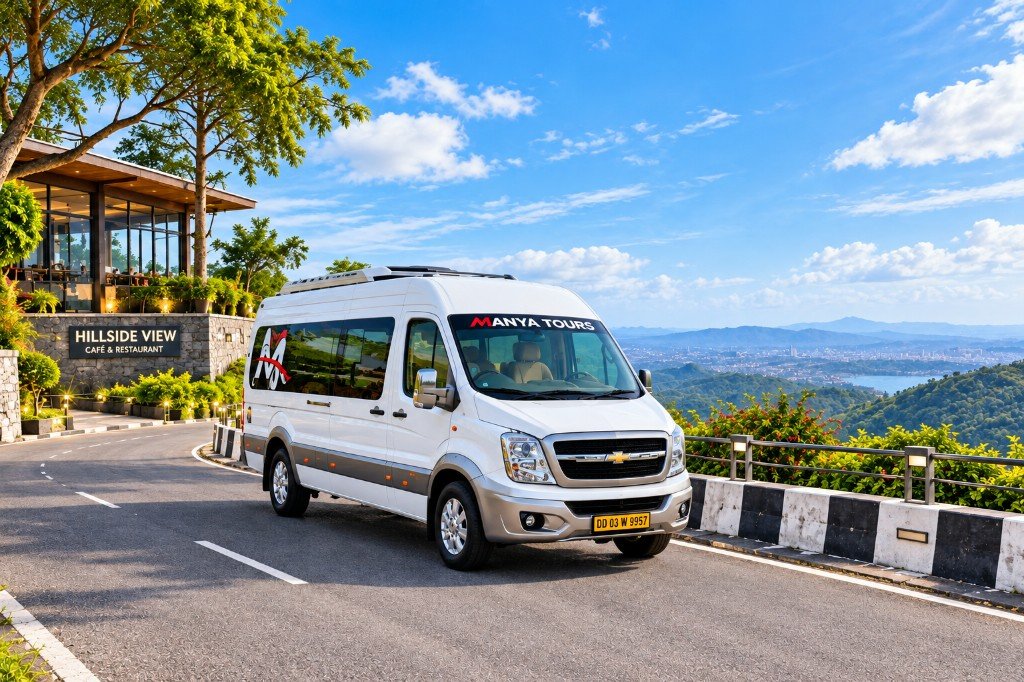 12 seater luxury Urbania on a hillside road