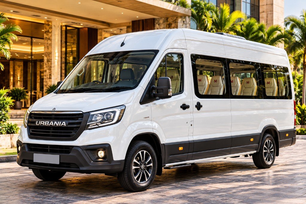 13 seater Force Urbania from Manya Tours outside a hotel in Bangalore