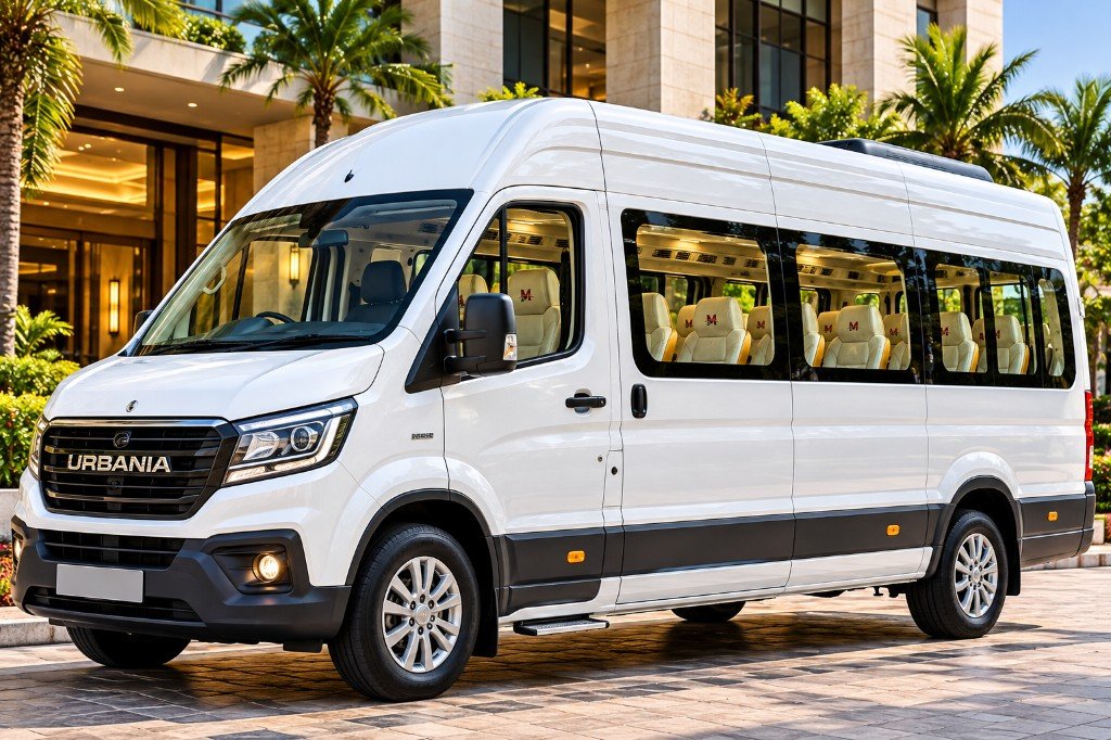 16 seater Force Urbania from Manya Tours outside a hotel in Bangalore
